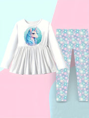 Cartoon Unicorn Print 2pcs Girls Pullover Pants Set
