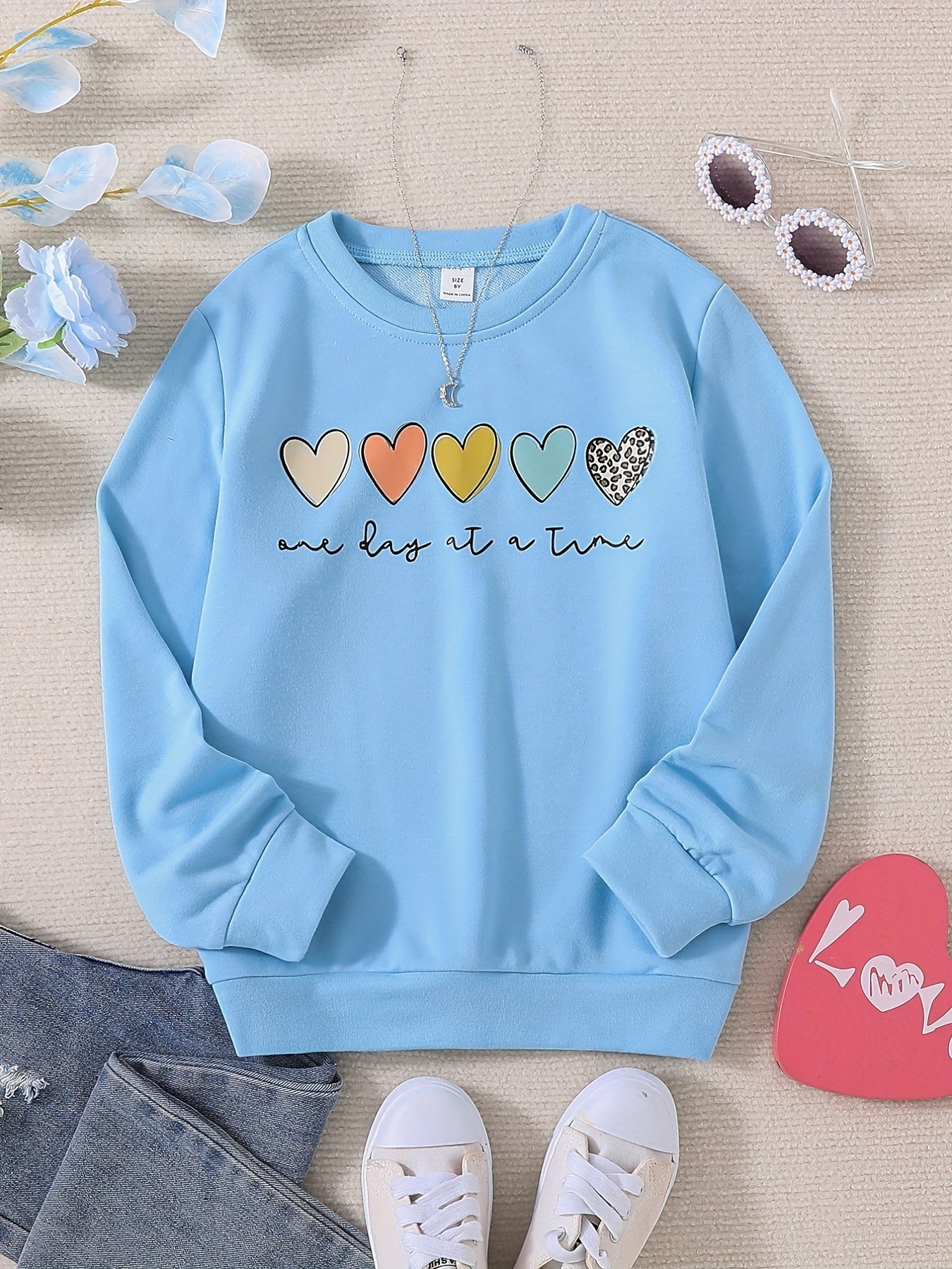 Girls Colorful Hearts Crew Neck Sweatshirts Pullovers For Sports Casual Outfit