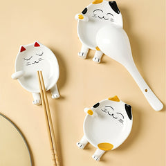 Ceramic Cat Spoon Rest for Stove Top - Kitchen Accessory for Utensil Holder