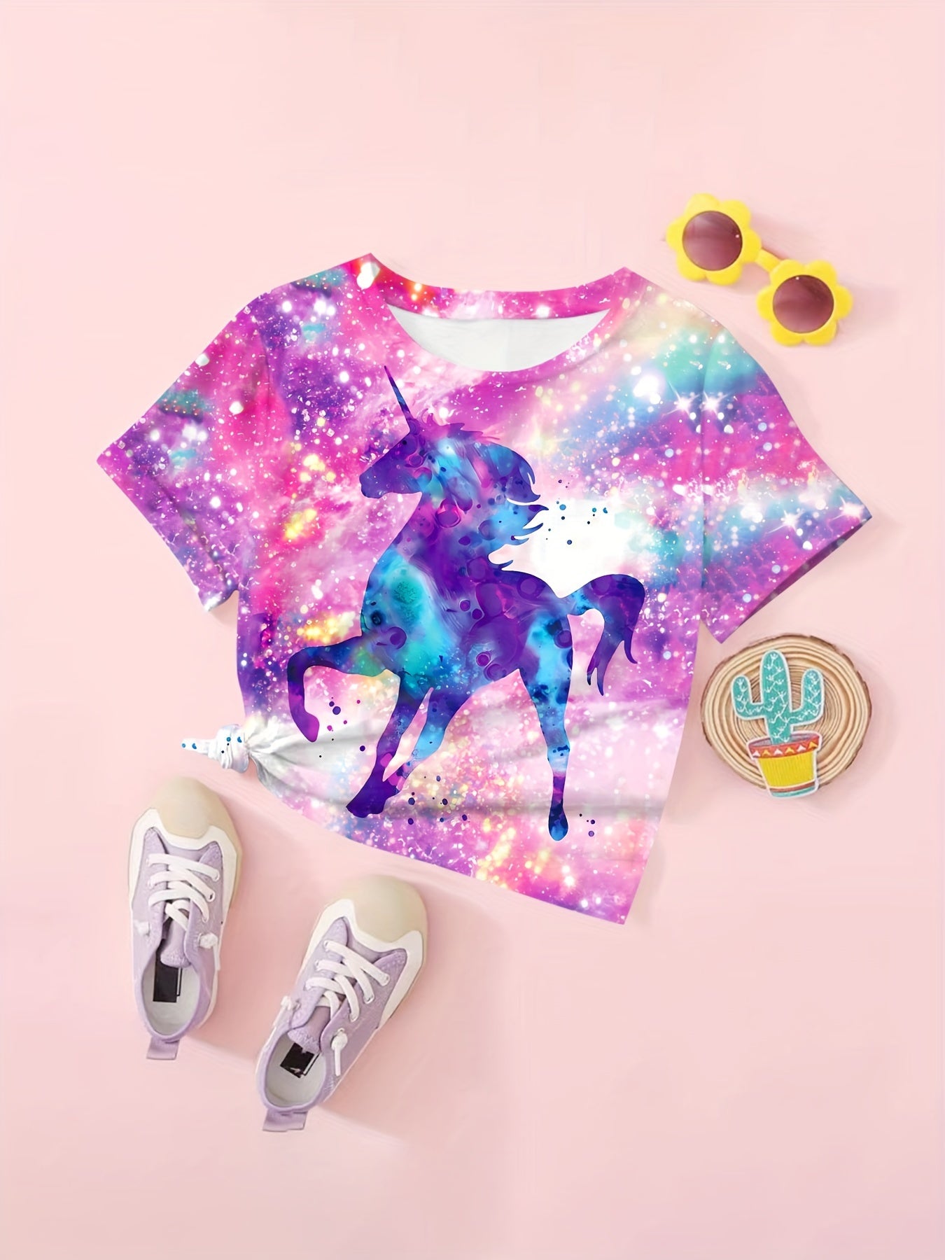 Girls Tie Dye Unicorn Print Short Sleeve T-shirt Summer Party Gift