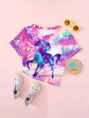 Girls Tie Dye Unicorn Print Short Sleeve T-shirt Summer Party Gift
