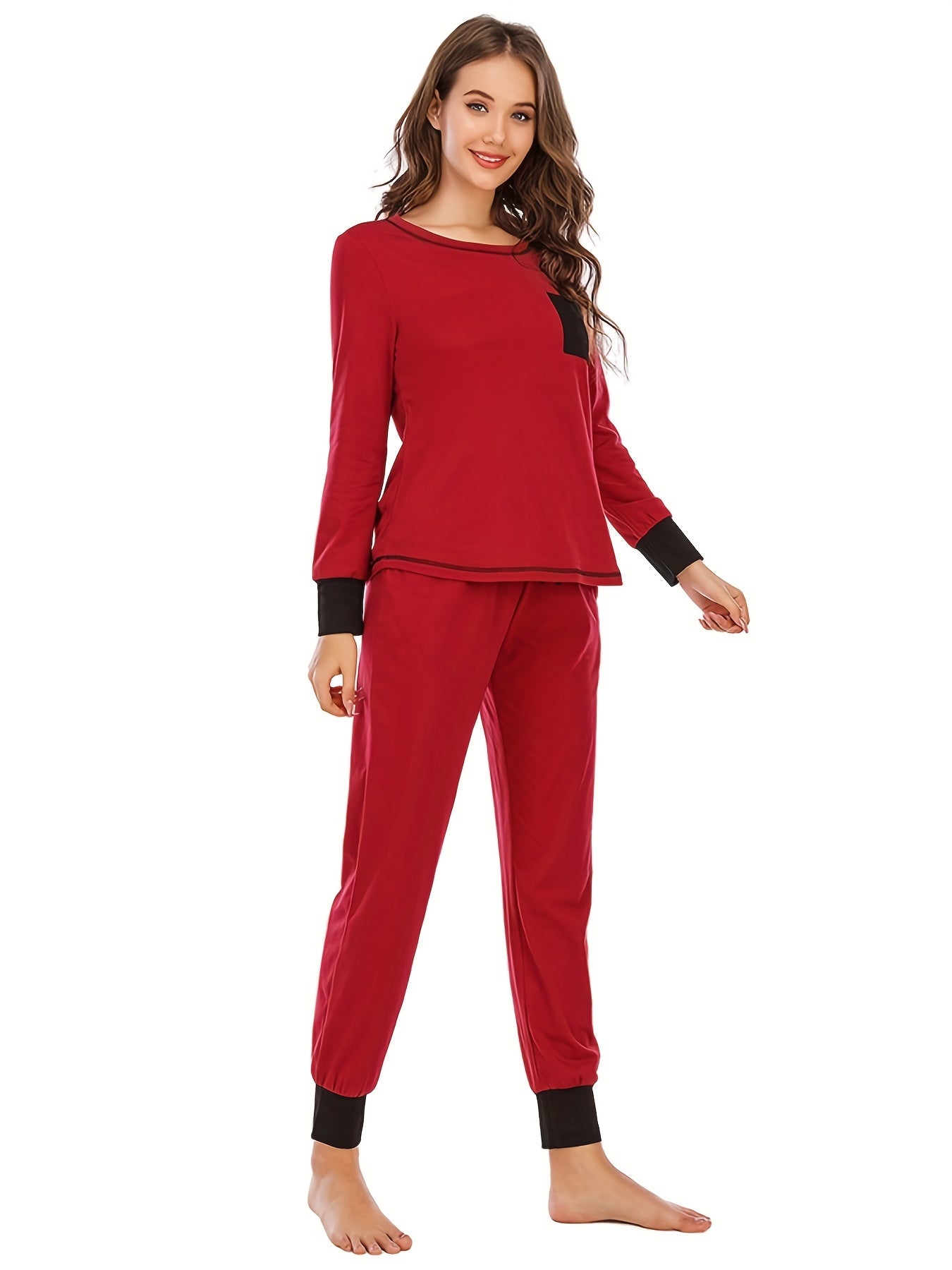 Colorblock Lounge Set Long Sleeve Crew Neck Top & Pants Women's Loungewear