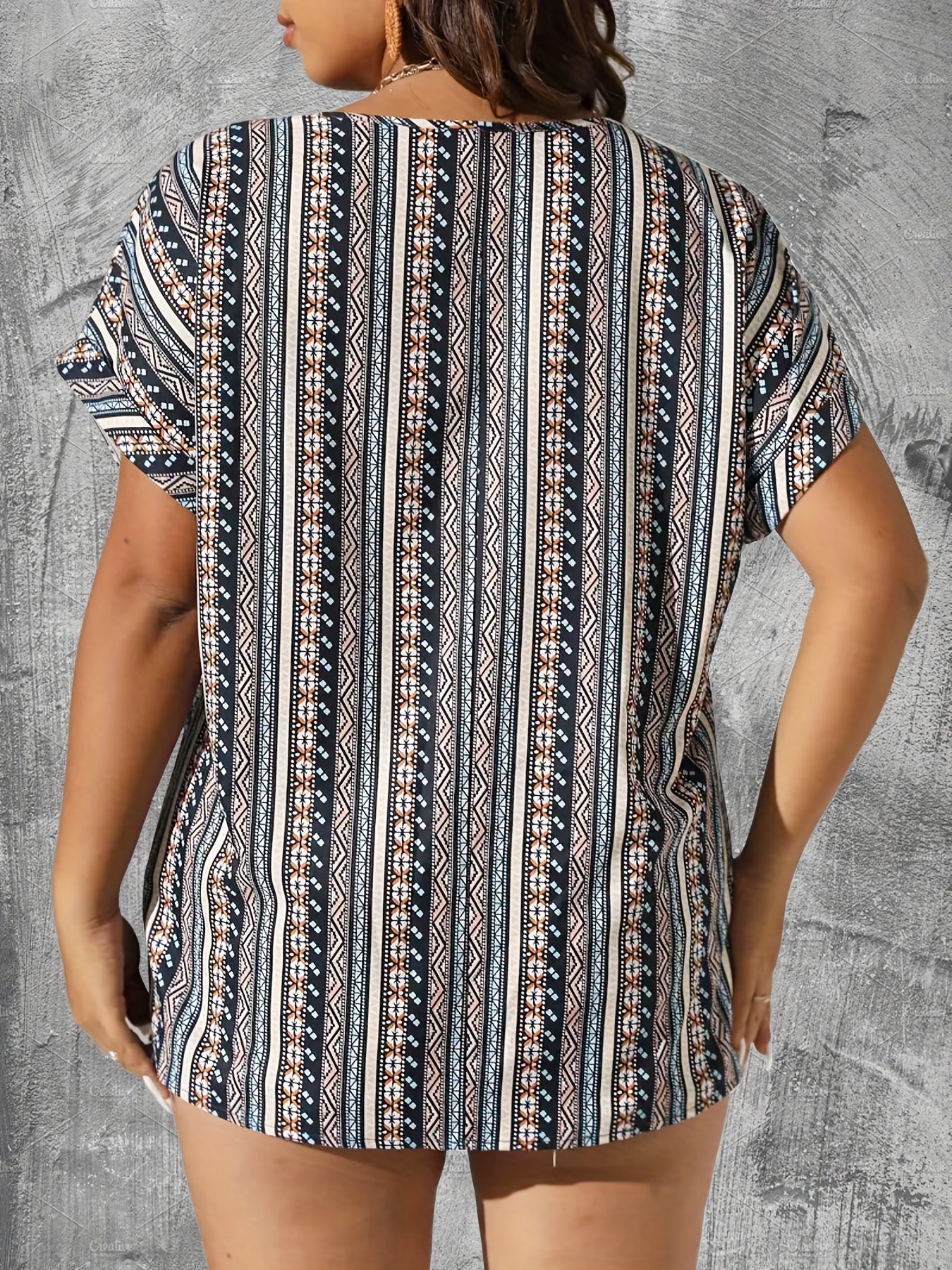 Boho Blouse Womens Tribal Print Short Sleeve Keyhole Tie V Neck T Shir