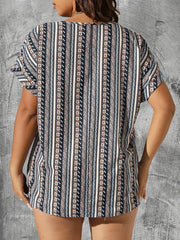 Boho Blouse Womens Tribal Print Short Sleeve Keyhole Tie V Neck T Shir