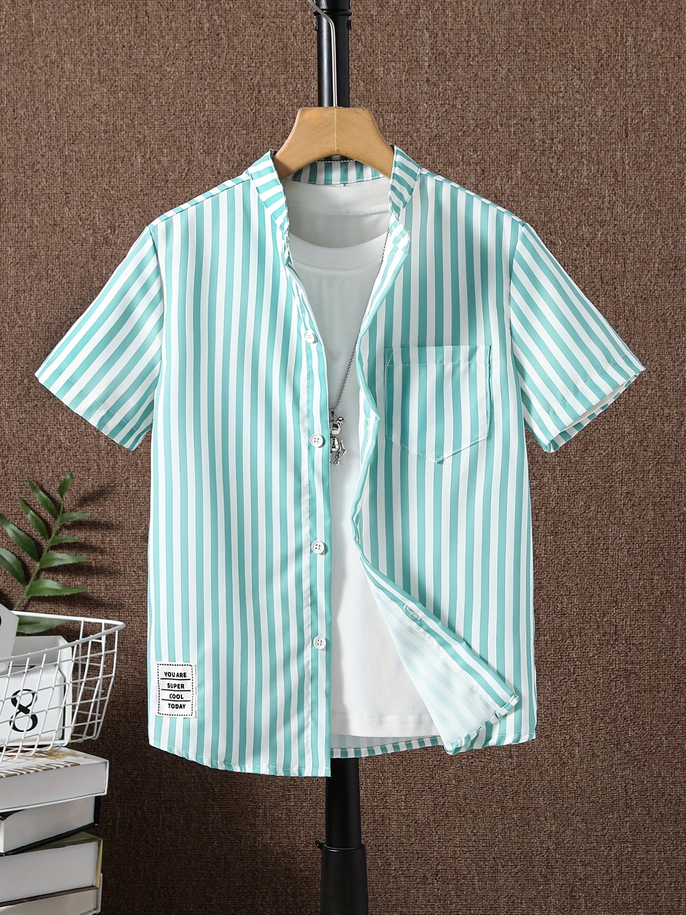 Stripe Graphic Print Boys Top Short Sleeve Lapel Shirt