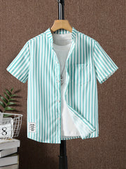 Stripe Graphic Print Boys Top Short Sleeve Lapel Shirt