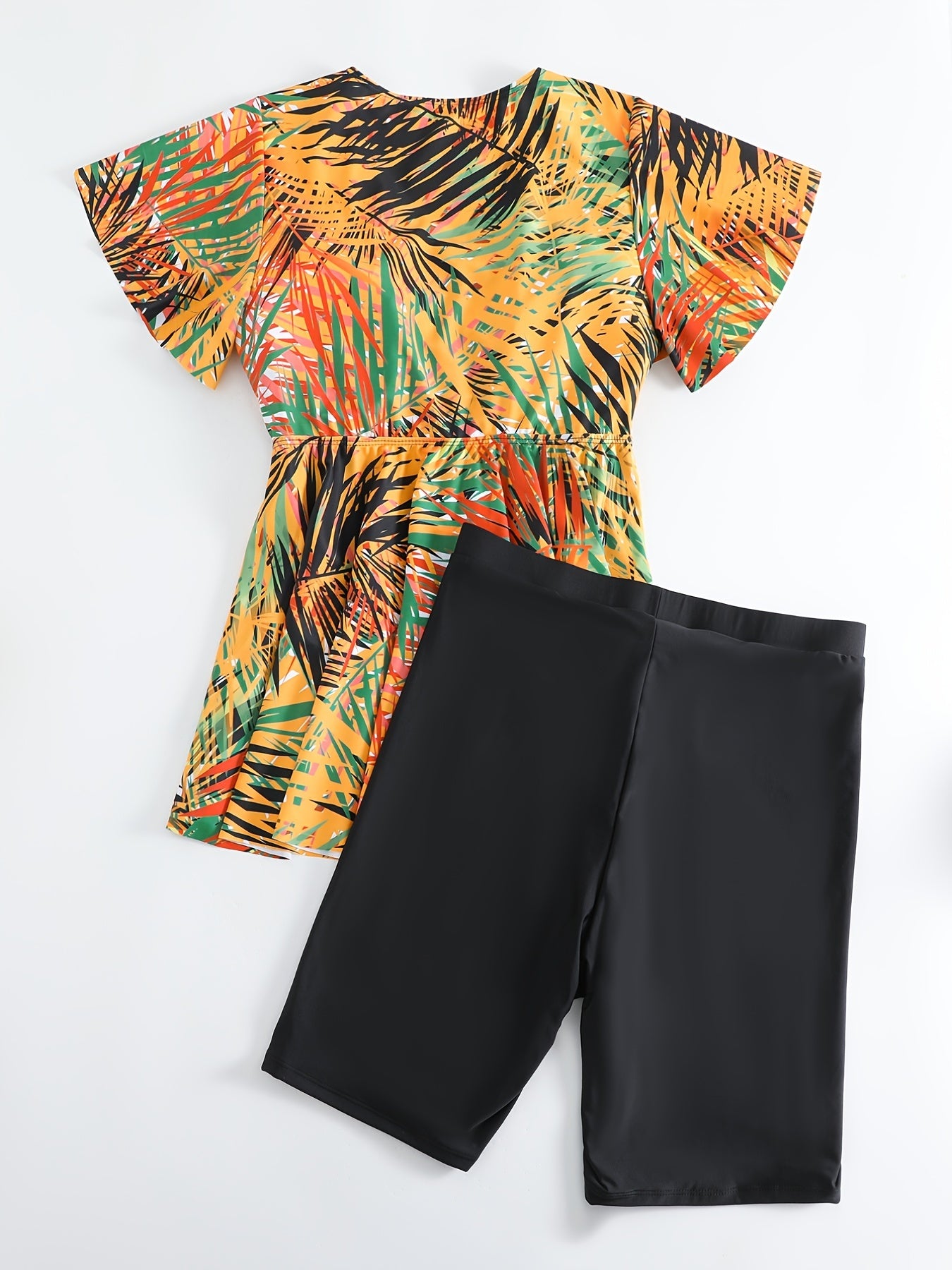 Vacay Tankini Set Women's Plus Tropical Print Short Sleeve V Neck Draw