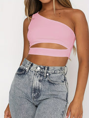 One Shoulder Sleeveless Crop Top Casual Women's Clothing
