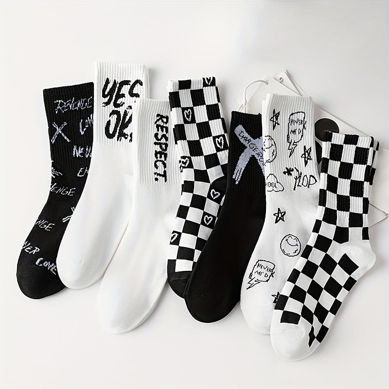 7 Pairs Letter & Plaid Print Socks - Casual Street Women's Stockings & Hosiery
