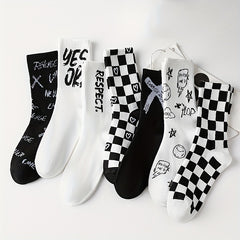 7 Pairs Letter & Plaid Print Socks - Casual Street Women's Stockings & Hosiery