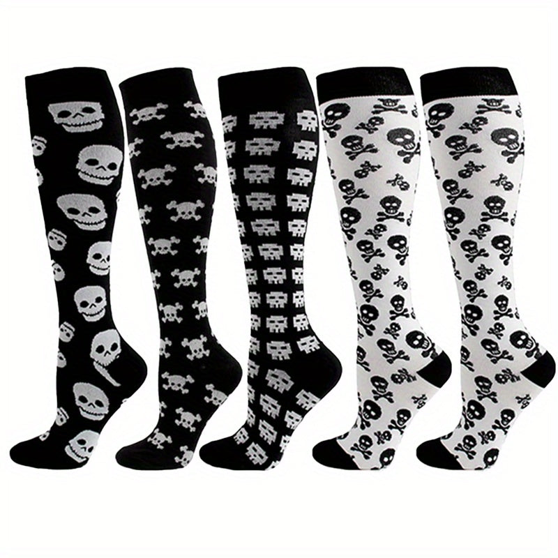 5 Pairs Plus Size Halloween Sports Calf Socks Women's Plus Skull Print