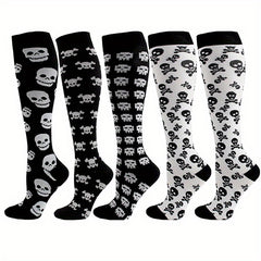 5 Pairs Plus Size Halloween Sports Calf Socks Women's Plus Skull Print