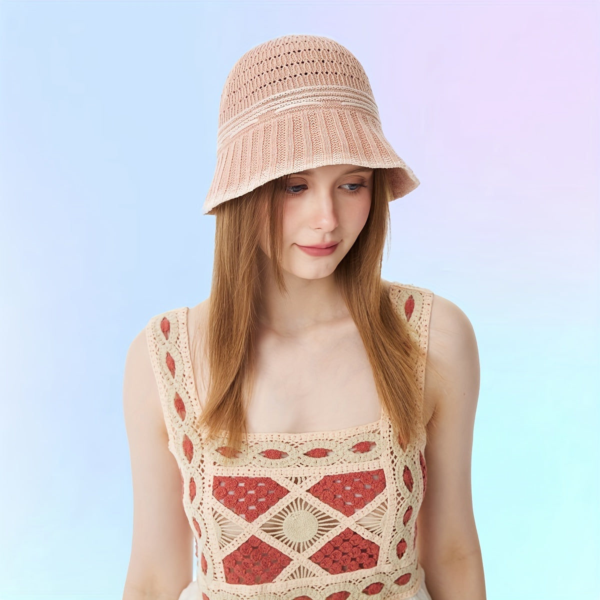 Hollow Out Bucket Hat Knitted Bowknot Decor Casual Thin Breathable Beach Hat