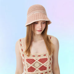 Hollow Out Bucket Hat Knitted Bowknot Decor Casual Thin Breathable Beach Hat