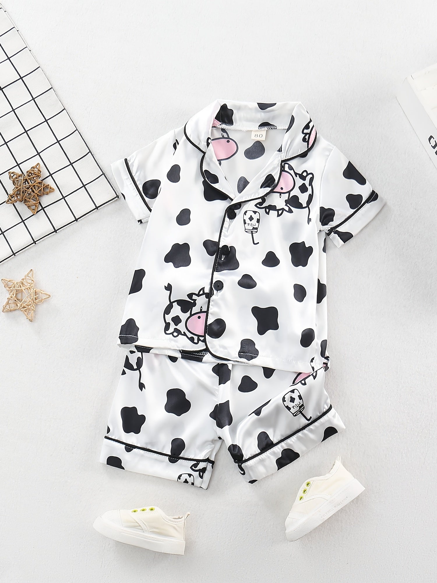 Toddler Girl's Cow Pajamas Set Cute Button Top & Shorts PJ Lounge Wear