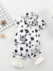 Toddler Girl's Cow Pajamas Set Cute Button Top & Shorts PJ Lounge Wear