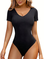 Solid V Neck Yoga Bodysuit Short Sleeve Sports Jumpsuit Women's Activewear