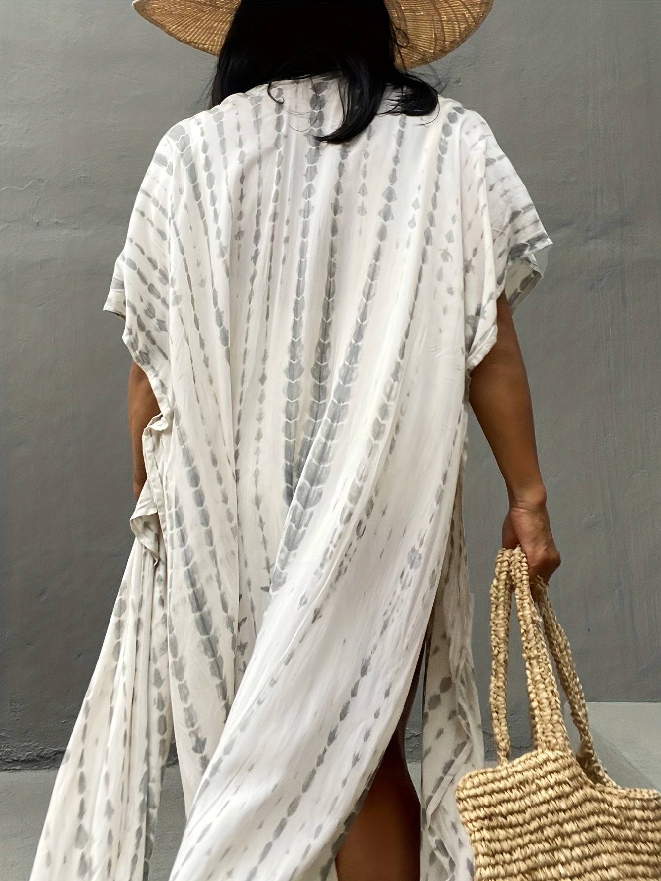 Tie Dye Cover Up Shirt Loose Fit V Neck Split Kimono Women's Swimwear