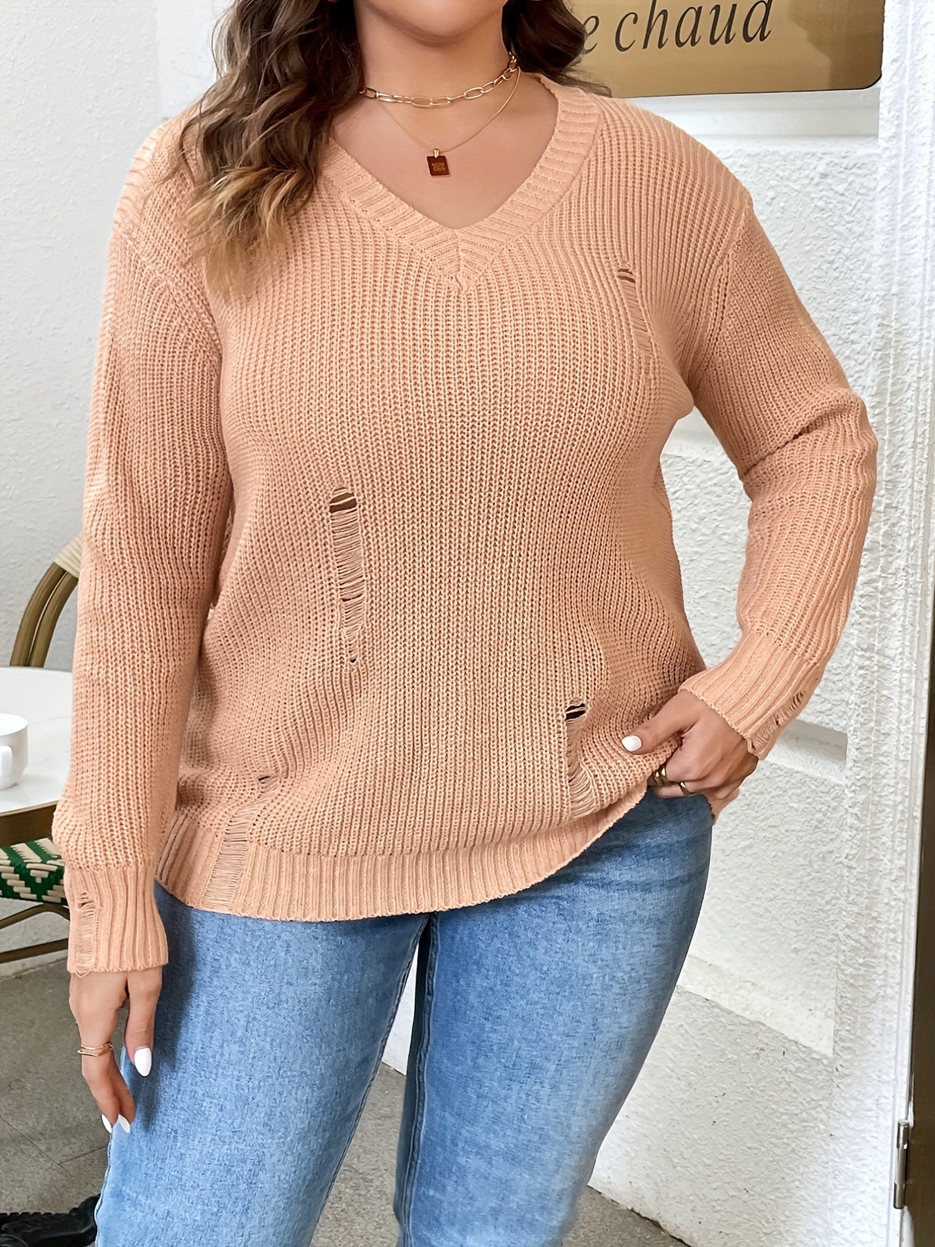 Solid Ripped Long Sleeve V Neck Sweater