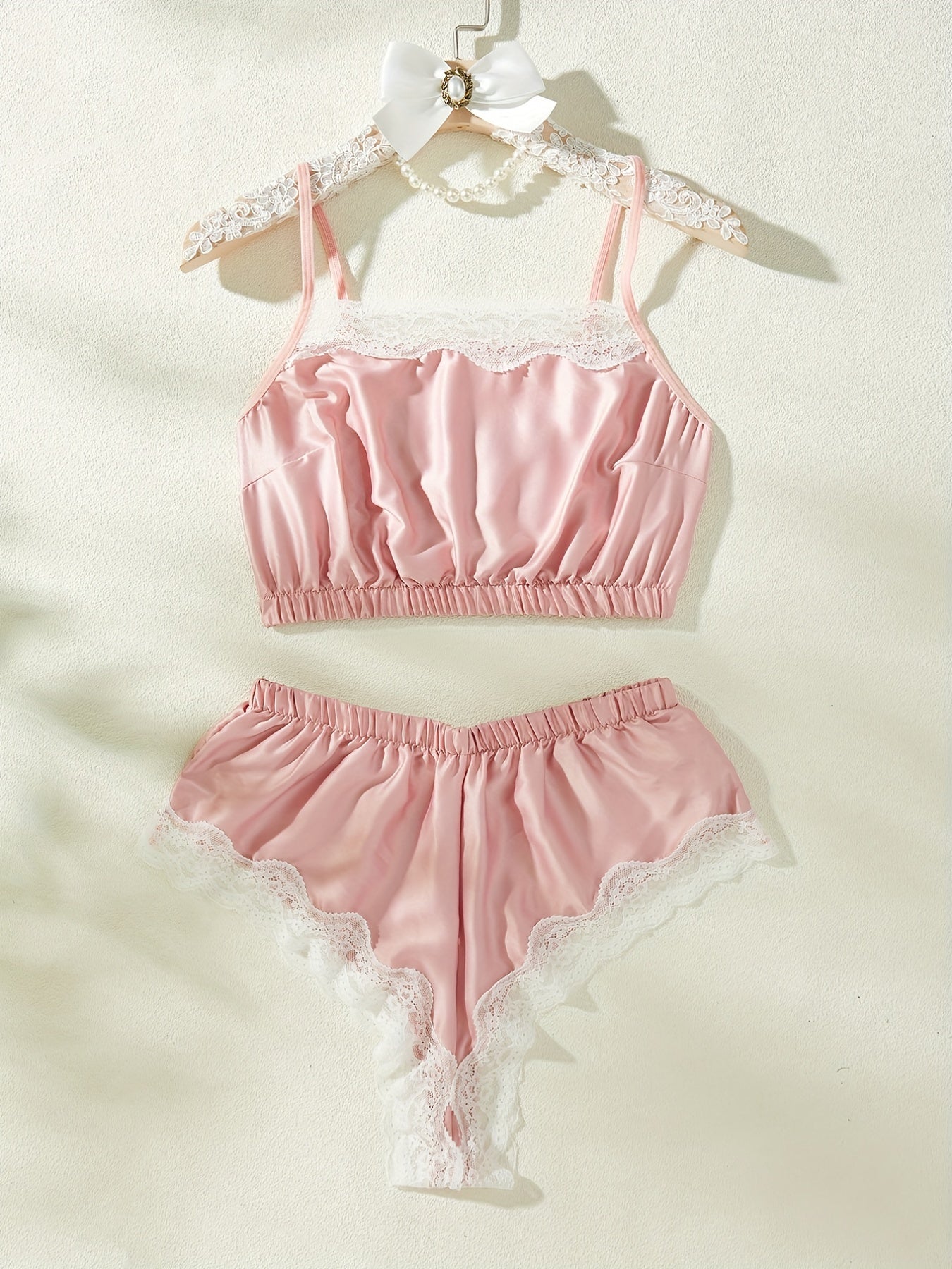 Lace Trim Pajama Set Sleeveless Cami Top & Shorts