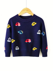 Kids Knit Sweater Cartoon Cars Graphic Print Pullover Sweater Tops