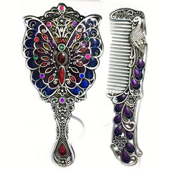 Vintage Hand Mirror with Embossed Butterfly Compact Makeup Beauty Mirror