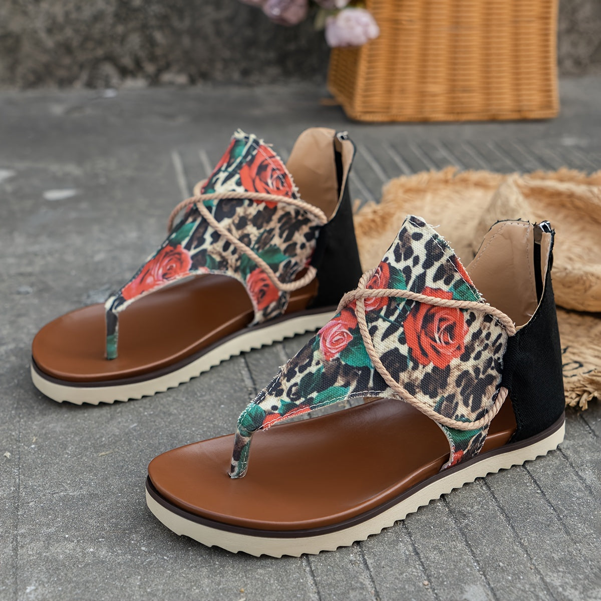 Rose & Leopard Print Thong Sandals Women