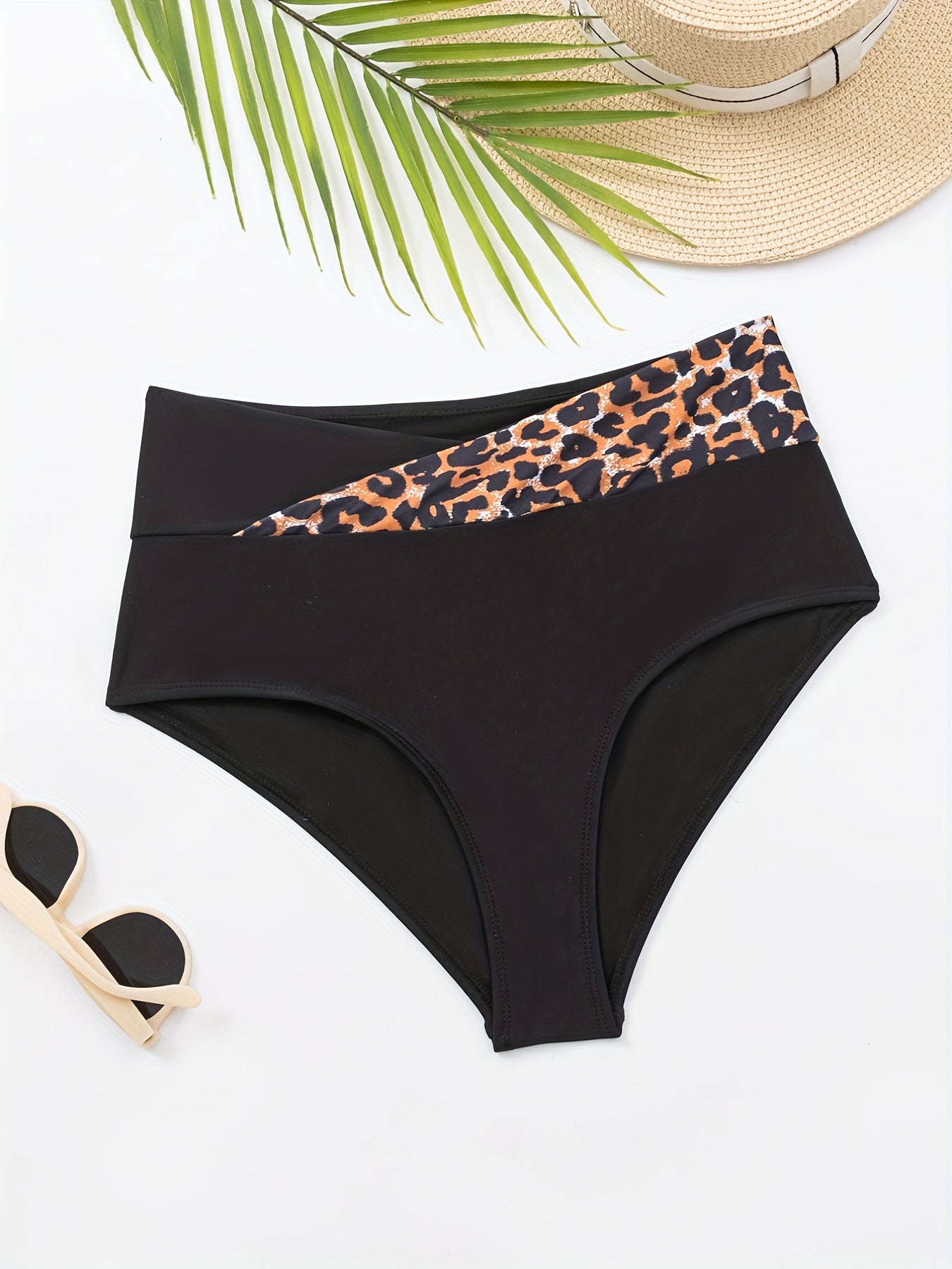 Leopard Print Patchwork Cross Bikini Bottoms High Waist