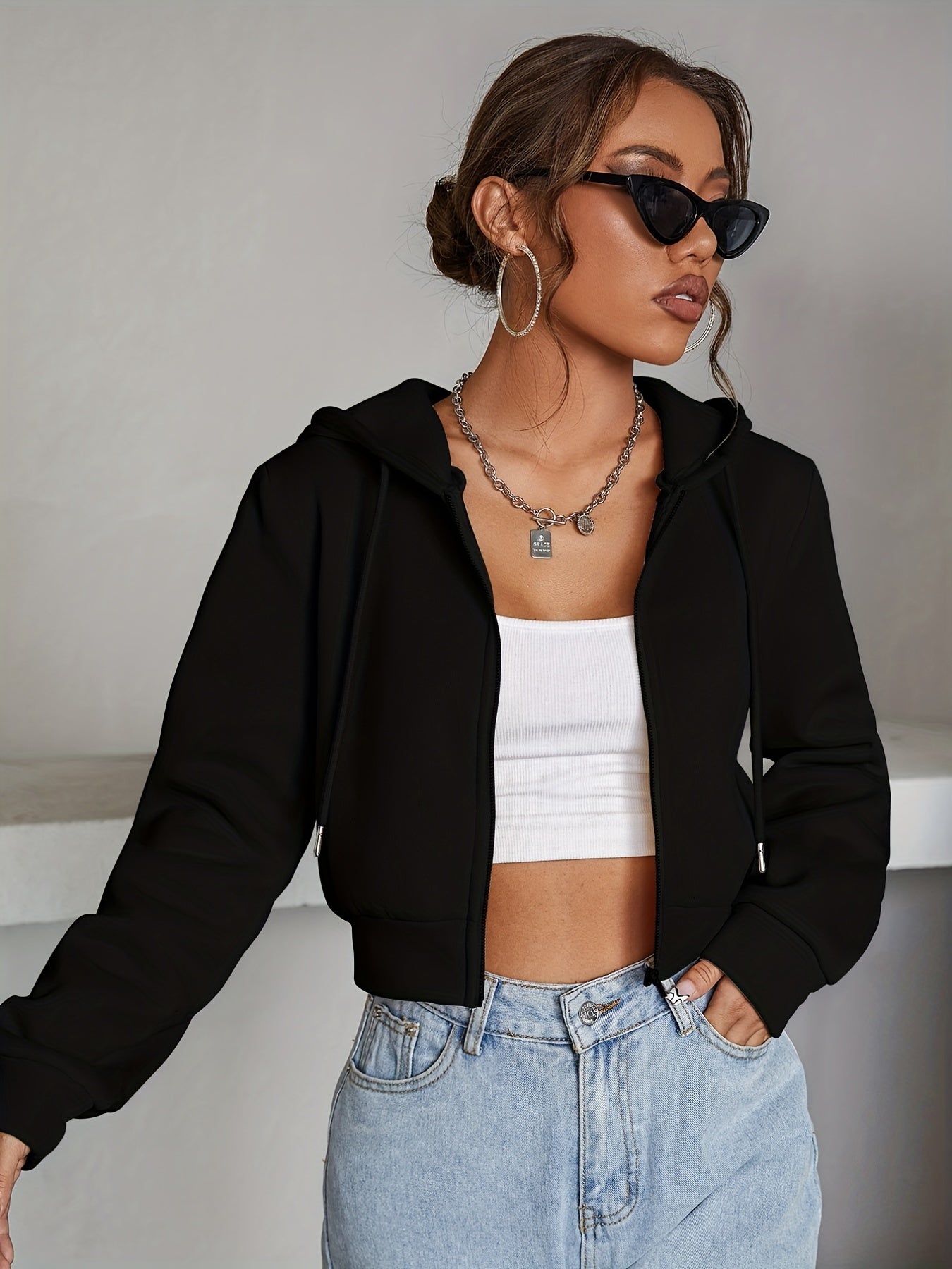 Solid Zipper Front Crop Hoodie Casual Long Sleeve Hoodies