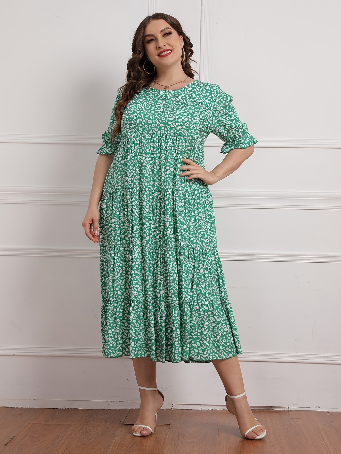 Floral Print Plus Size Maxi Dress Round Neck Long Dress