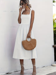 Women Solid Midi Long Dress Backless Slip Square Collar Ruched Party