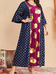 Boho Abaya Dress Women's Plus Golden Dot Print Layered Sleeve Maxi