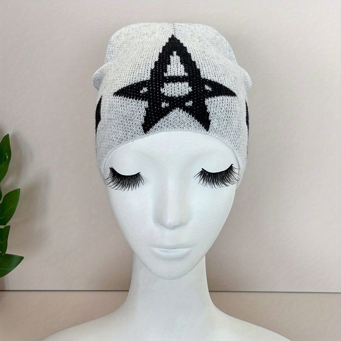 Pentagram Jacquard Gray Beanie Soft Unisex Warm Knit Hat