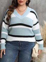Colorblock Stripe V Neck Sweater