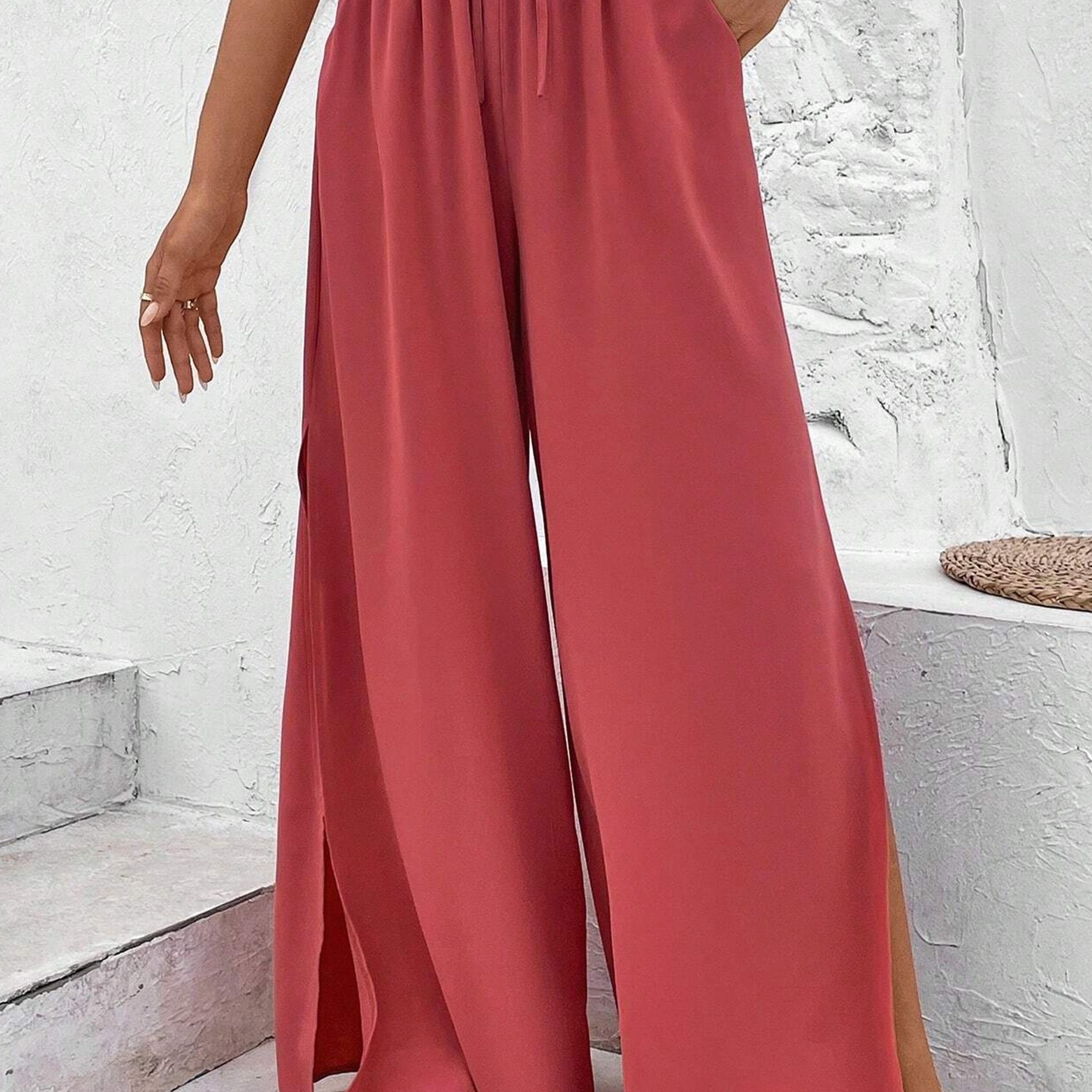 Solid Slit Wide Leg Pants Casual Drawstring Elastic Waist