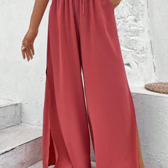 Solid Slit Wide Leg Pants Casual Drawstring Elastic Waist