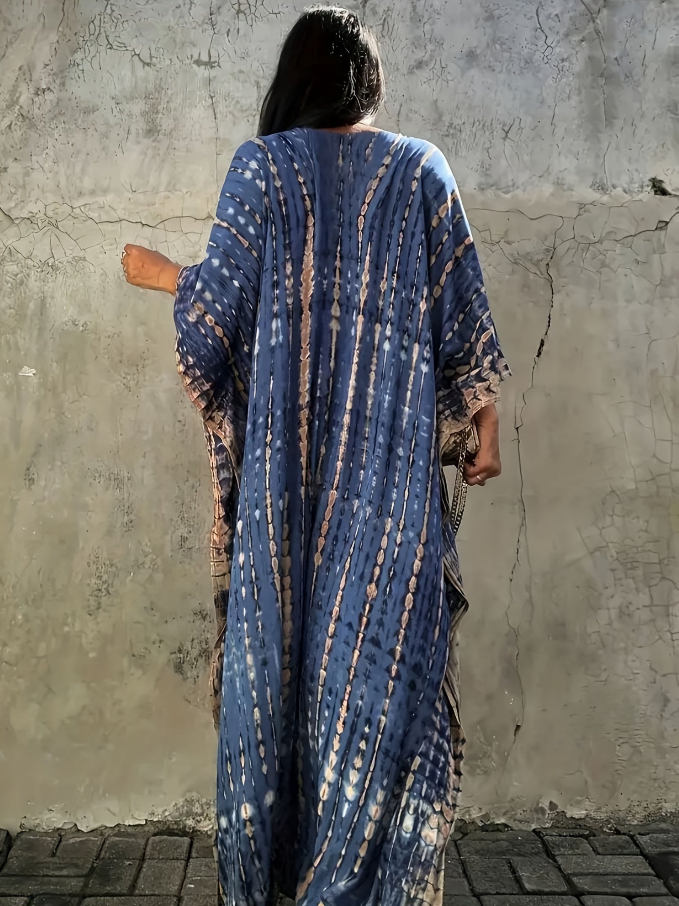 Tie Dye Stripe Cover Up Dress Bat Sleeve Round Neck