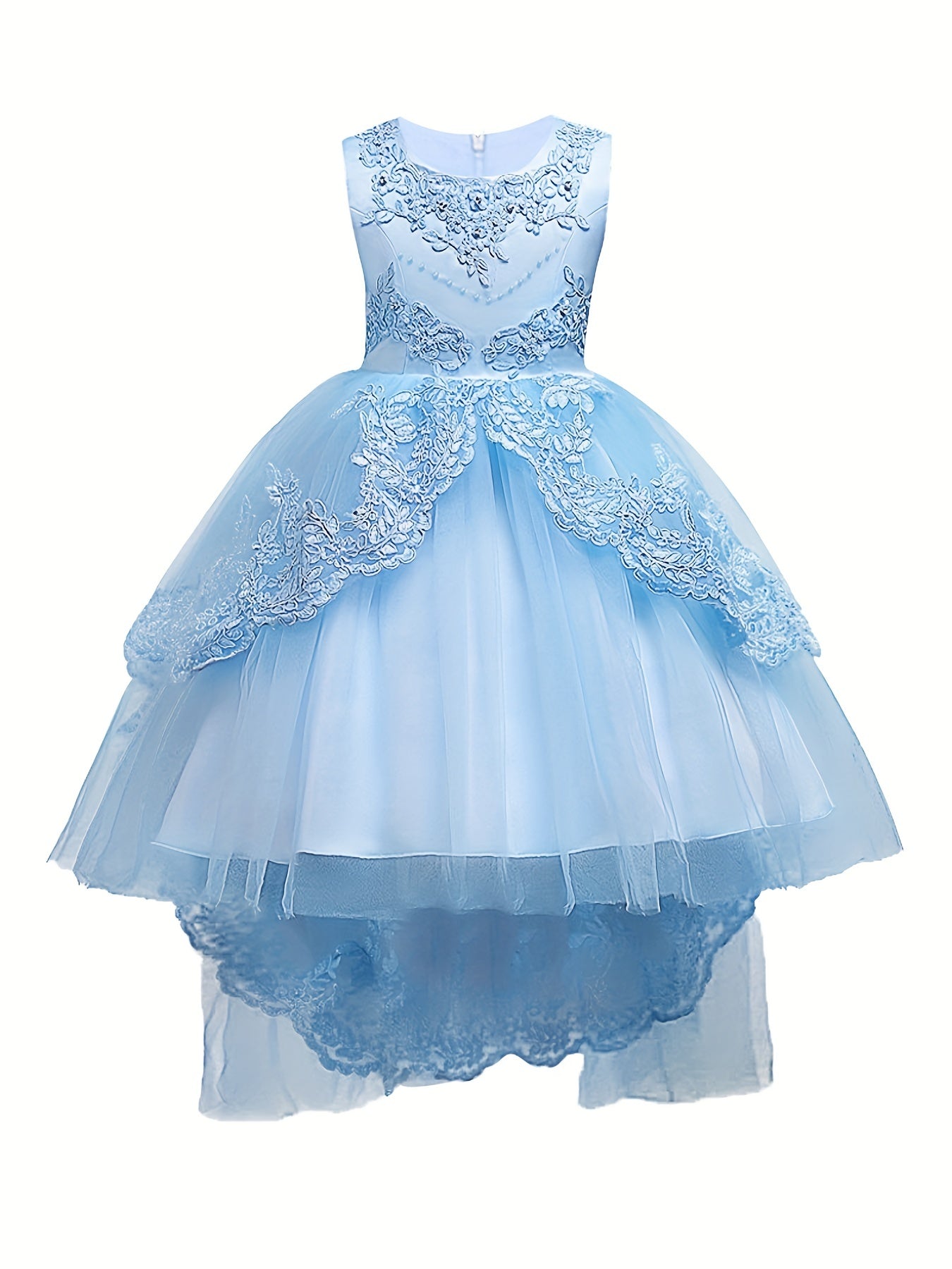 Girls Puffy Princess Dress Sleeveless Beaded Flowers Embroidery Tulle Lace Tutu