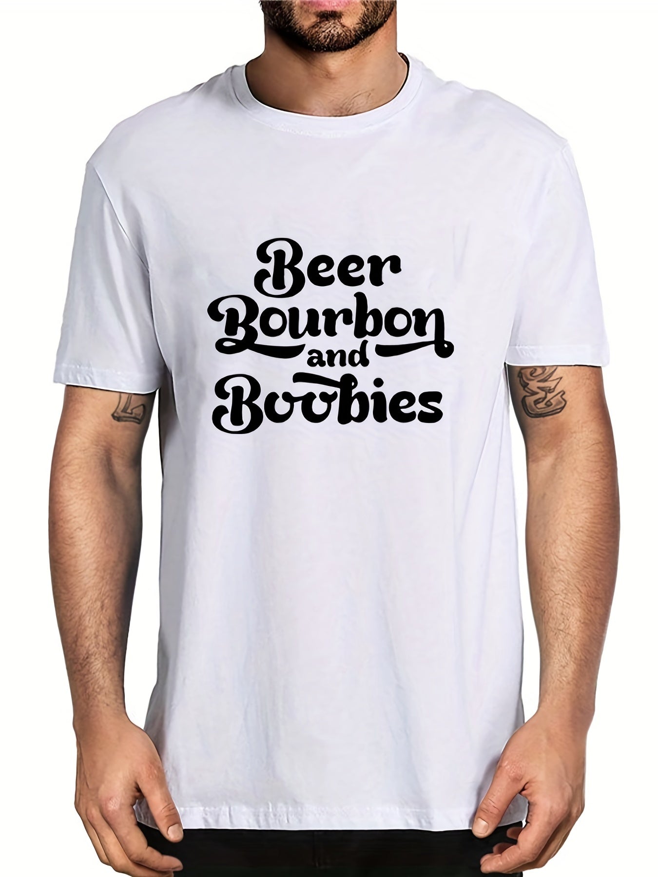 Men's Beer & Bourbon Print T shirt Casual Slightly Stretch Breathable Tee