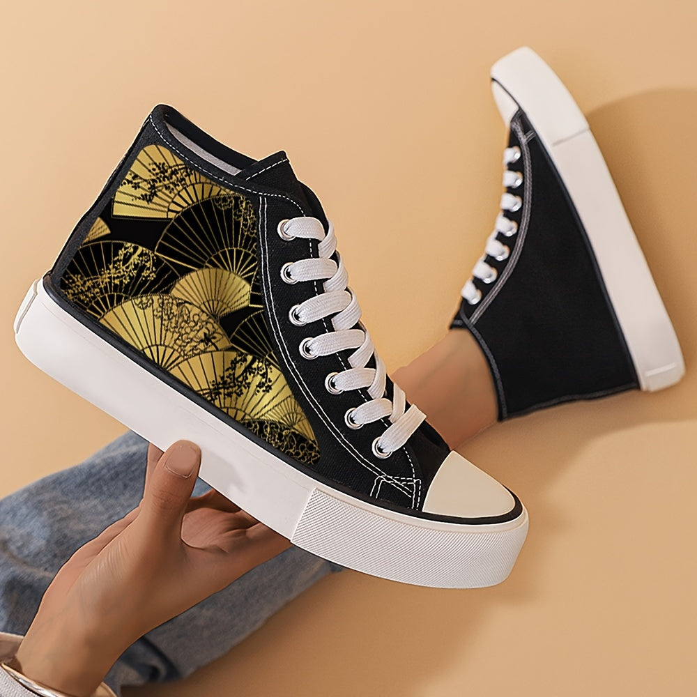 Girl's High Top Golden Pattern Skate Shoes Comfy Non Slip Lace Up Sneakers