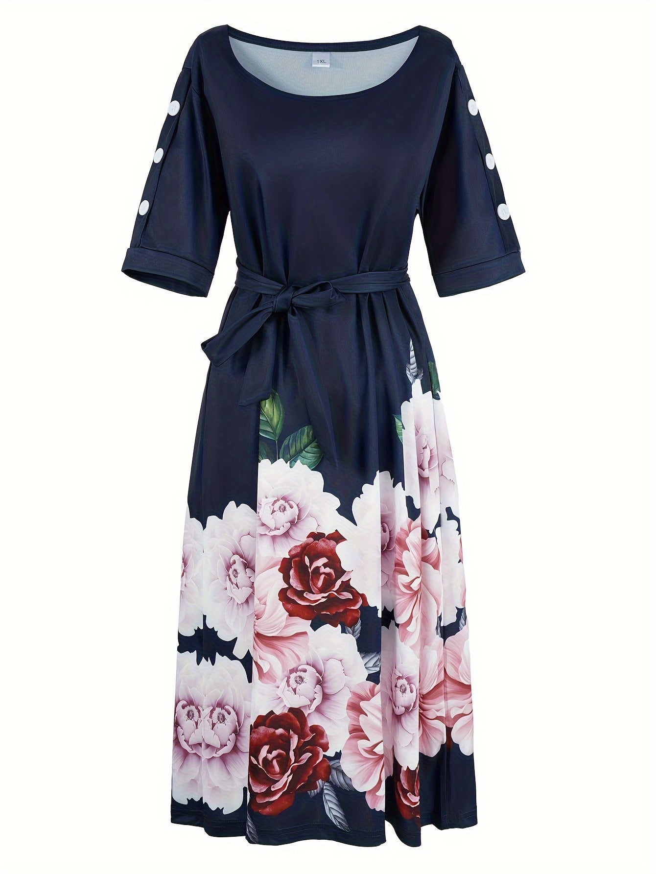 Women's Plus Floral Print Button Decor Short Sleeve Dress