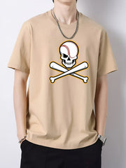 Funny Baseball Skeleton Print Men's Cotton Graphic Crew Neck Active T shirt