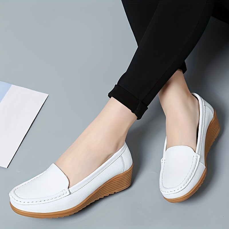 Crochet Trim Faux Leather Walking Loafers Solid Soft Platform Flat Shoes