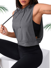 Solid Sports Hooded Tank Top Fitness Running Vest T shirt Women's Activewear