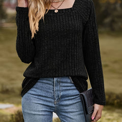 Casual Ribbed Long Sleeve Square Neck Jumper
