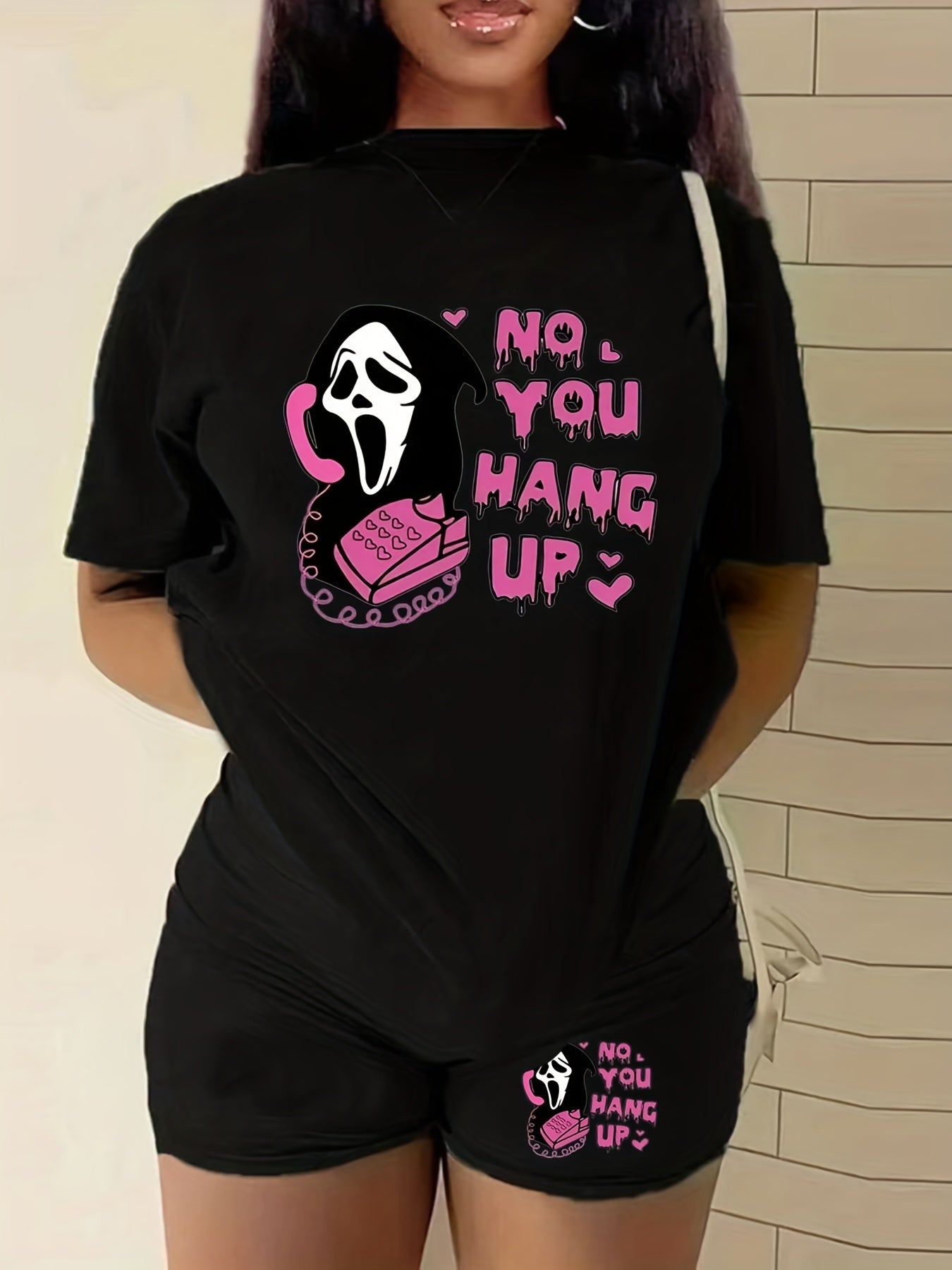 No You Hang Up Print 2pcs Set Short Sleeve T Shirt & Shorts