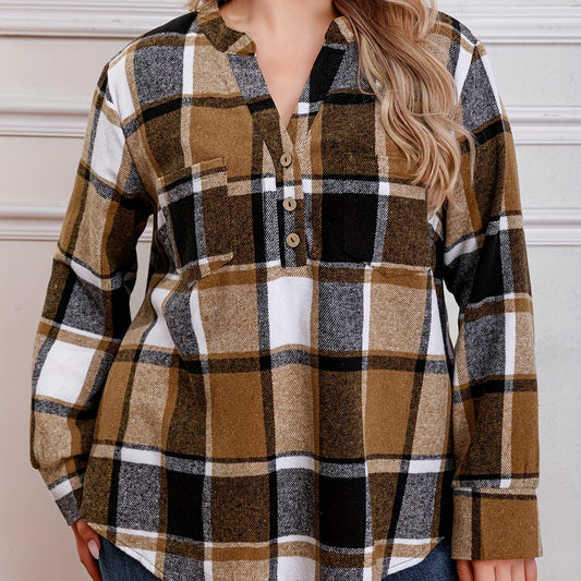 Plaid Print Button Up Long Sleeve V Neck Loose Fit Shirt Top