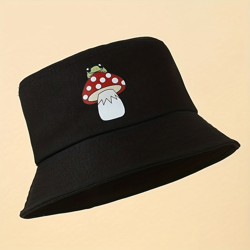 Mushroom Frog Print Bucket Hat Casual Sunshade Fisherman Cap