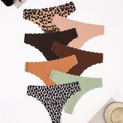 7pcs Seamless Scallop Trim Thongs Soft & Comfy Stretchy Intimates Panties