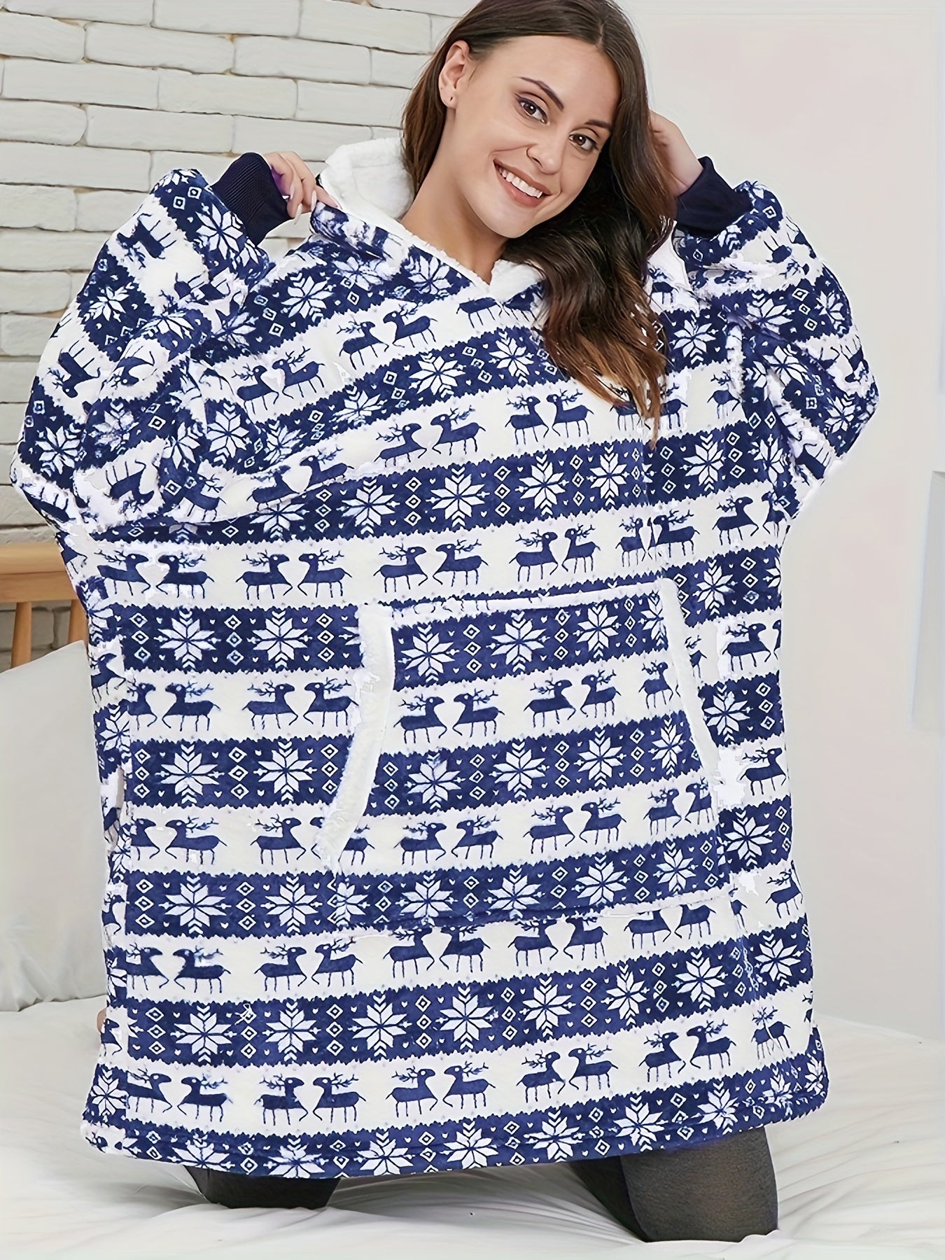 Elk & Snowflake Flannel Fleece Hooded TV Blanket